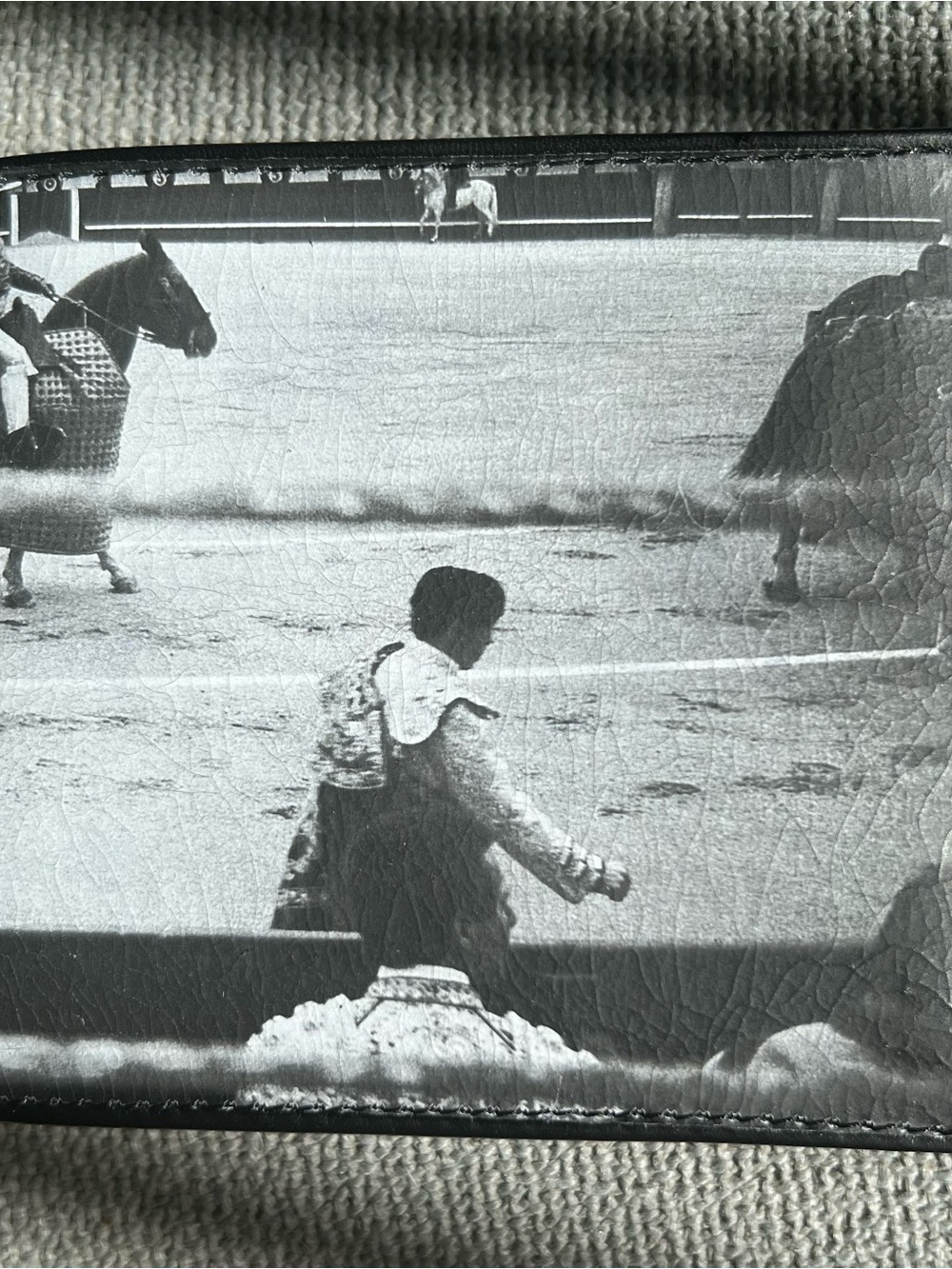 Vintage Agnes B. Black & White Bullfighting Photo Print Leather Wallet